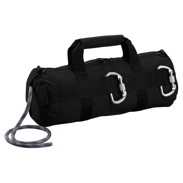 Bolsa negra para rápel con correas laterales para mosquetones, cierre de cremallera; 46 x 26 cm, nylon denier