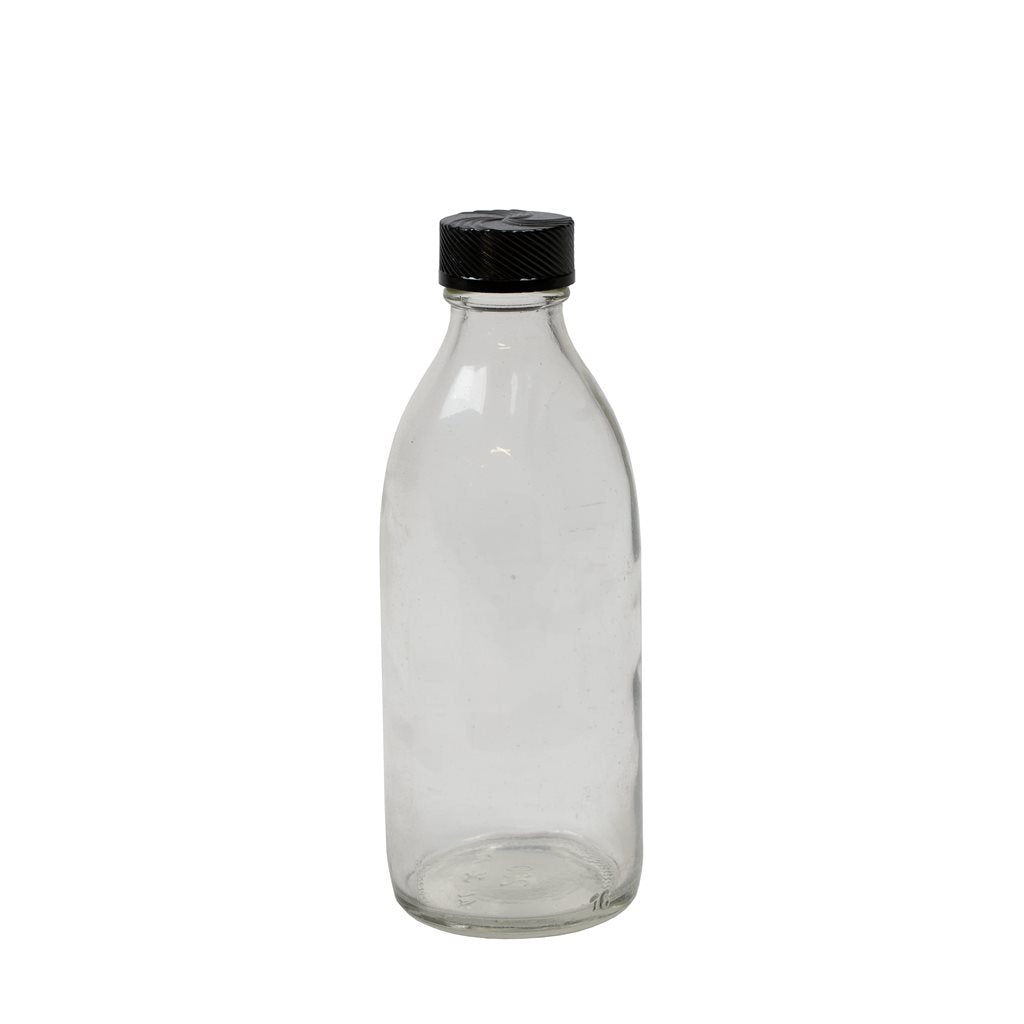 Botella de vidrio transparente cuello estrecho 200 ml con tapón de plástico
