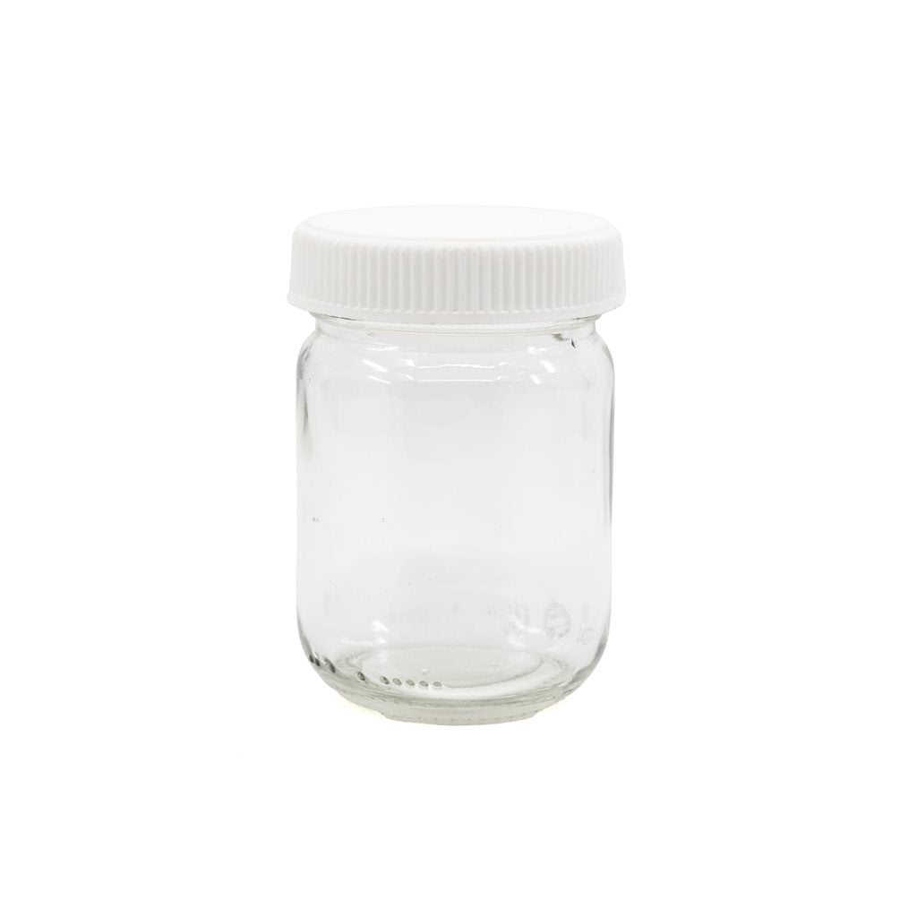 Botella de vidrio de cuello ancho 130 ml con tapa plástica blanca (imagen del producto)