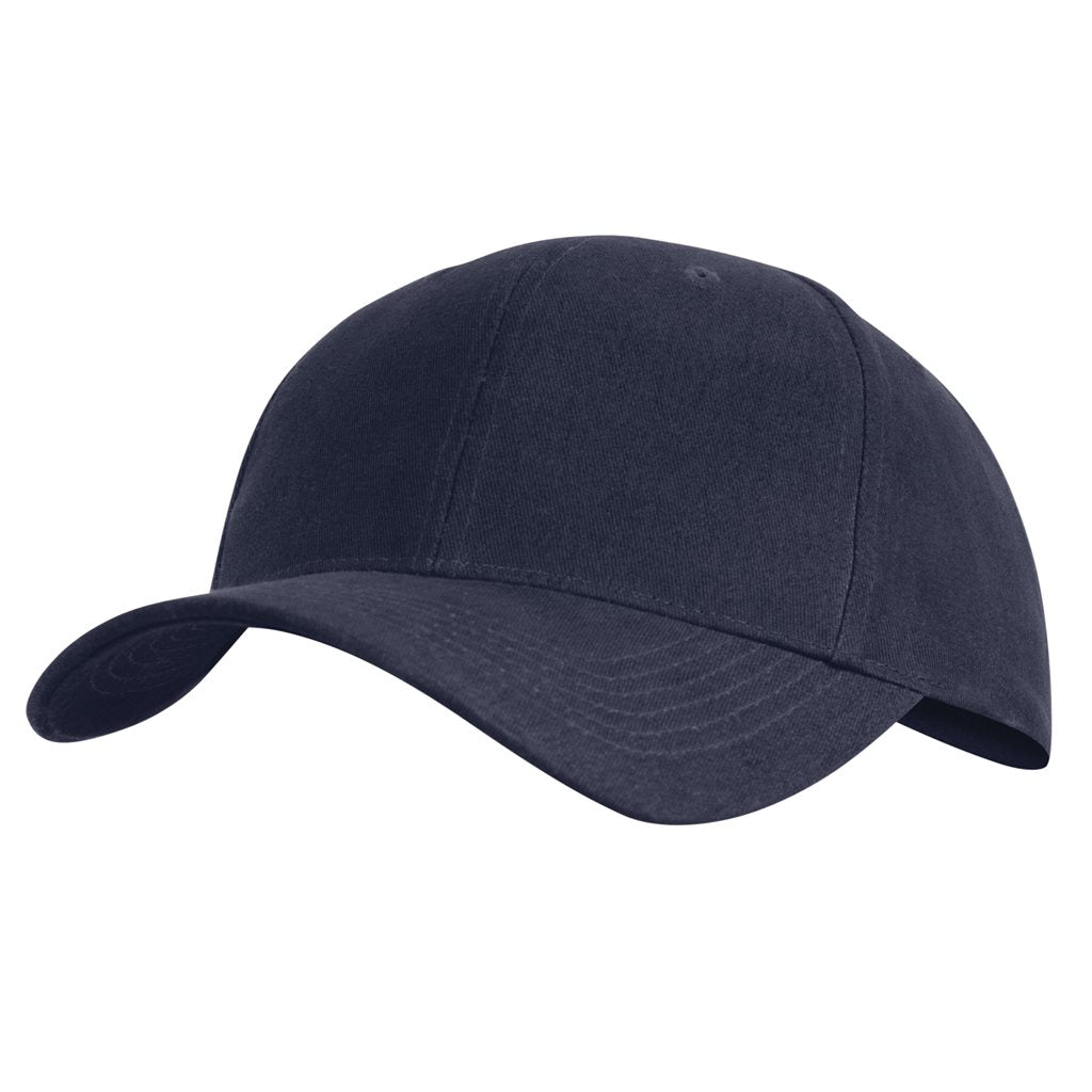 Gorra de béisbol azul marino de cinco paneles con visera, banda acolchada y cierre metálico ajustable