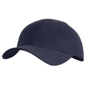 Gorra de béisbol azul marino de cinco paneles con visera, banda acolchada y cierre metálico ajustable