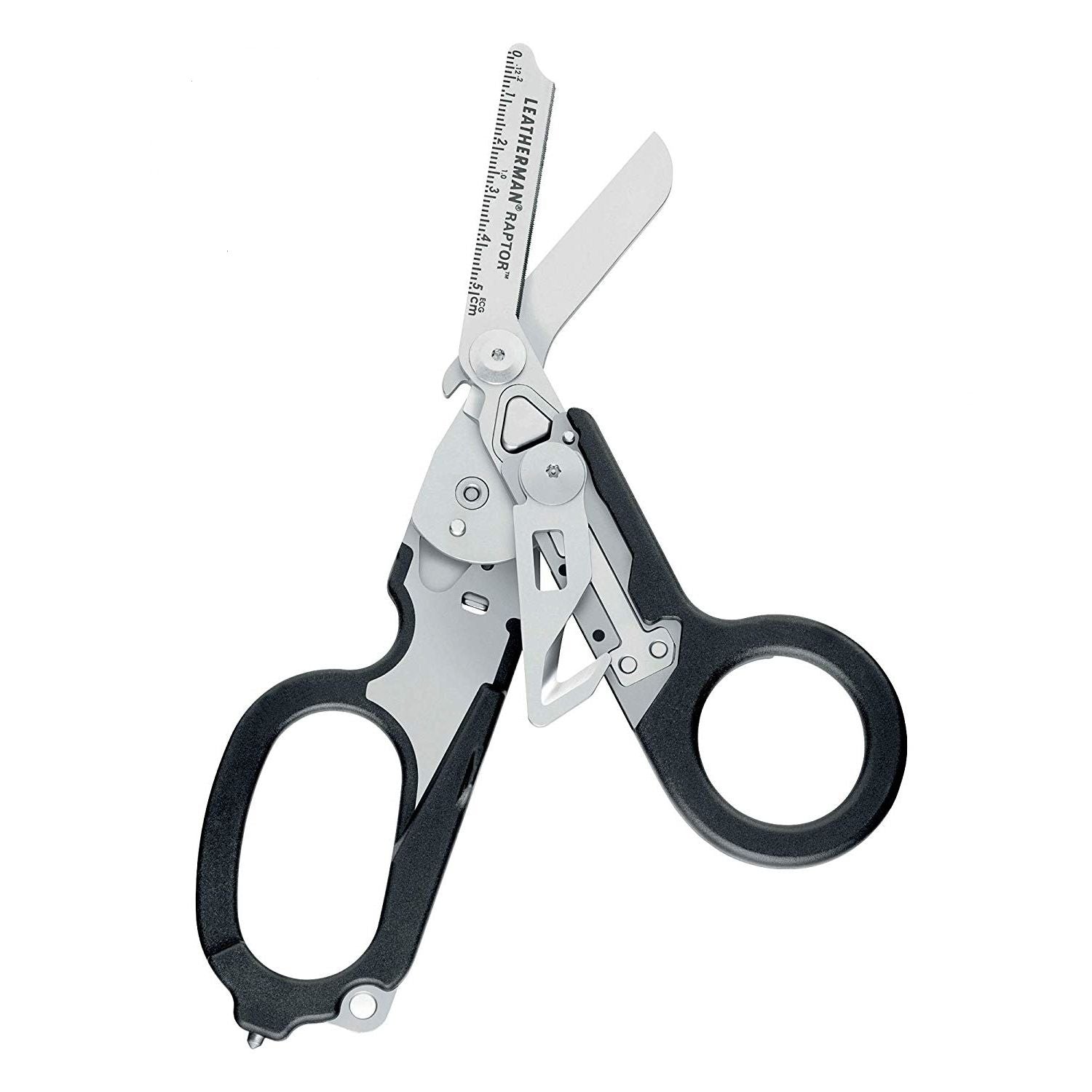 Tijeras de rescate RAPTOR negras con funda, mango de fibra y cortadores de cinturón y anillos