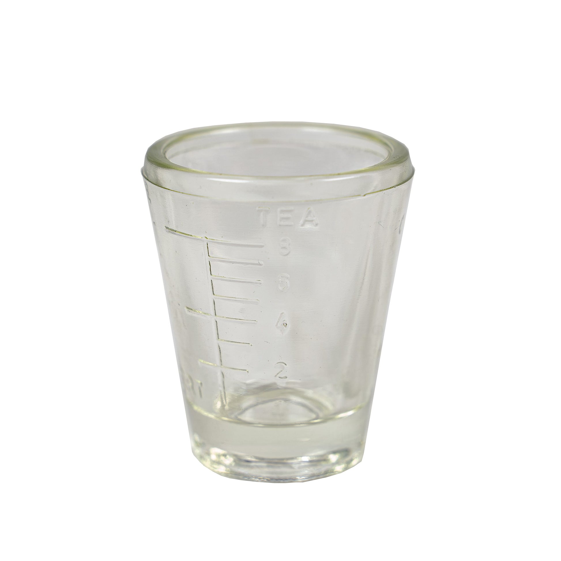 Vaso dosificador pequeño de vidrio con marcas, 6 cm alto, 5 cm diámetro