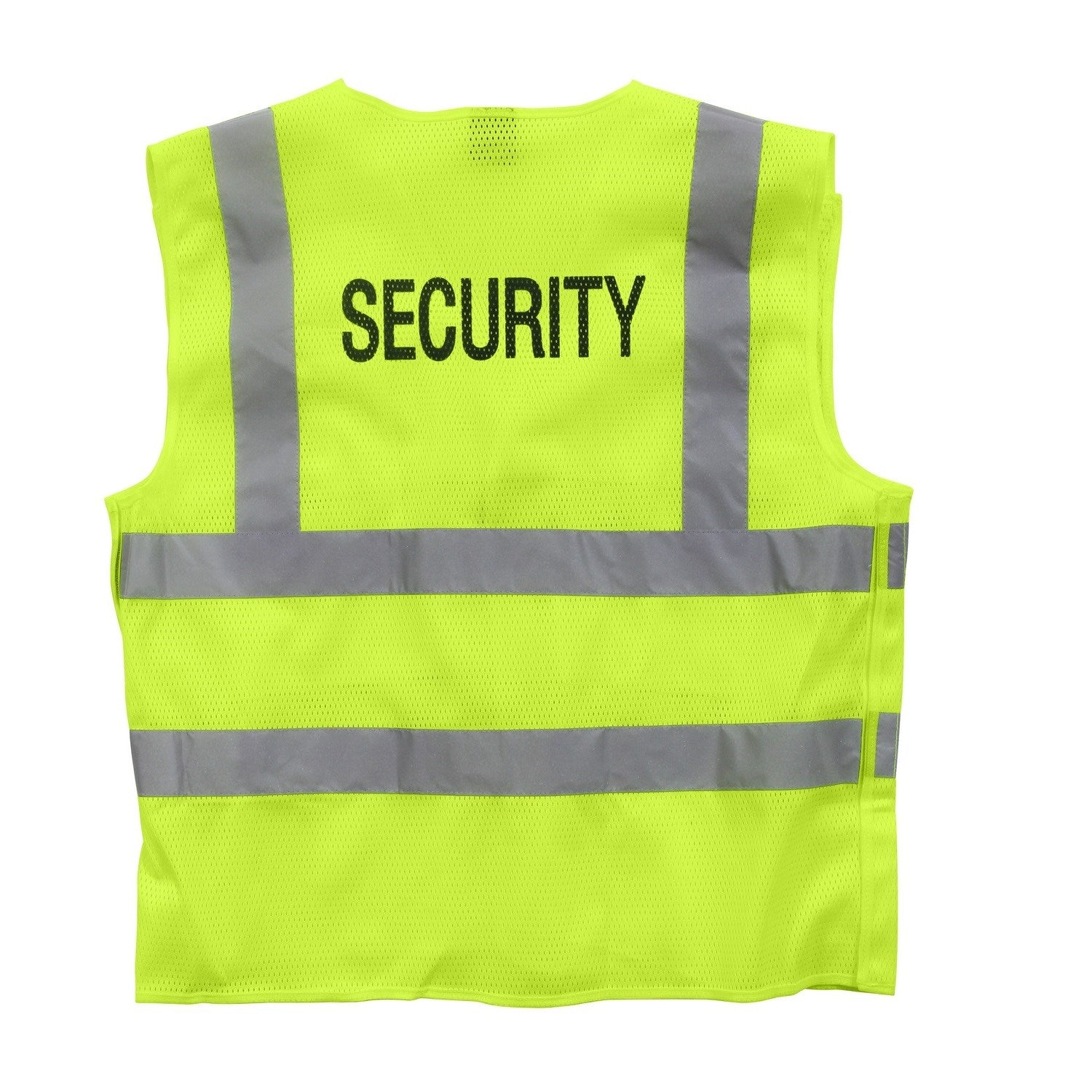 Chaleco reflectante amarillo con estampado SECURITY y cuatro bandas reflectantes, visibilidad nocturna hasta 200 m.