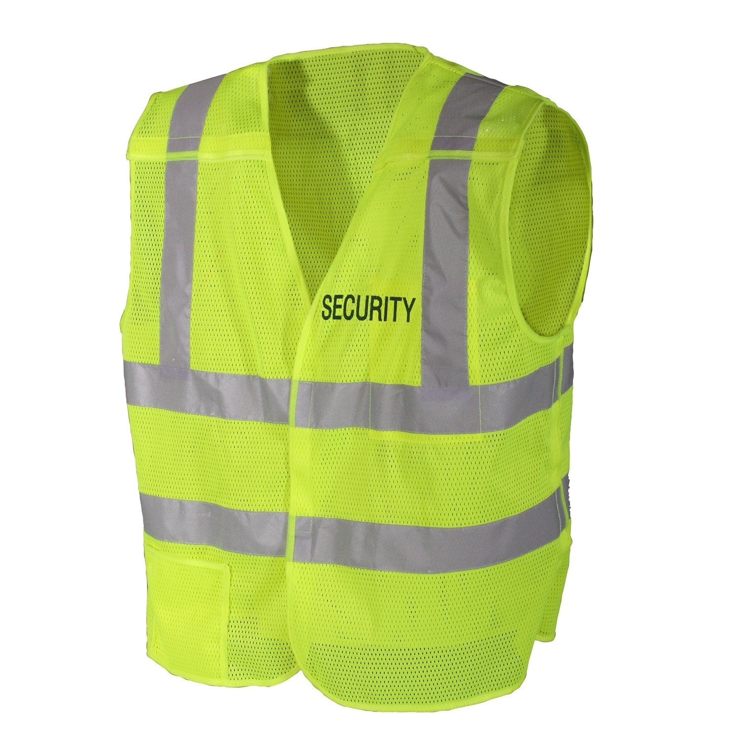 Chaleco reflectante amarillo con estampado SECURITY y cuatro bandas reflectantes, visibilidad nocturna hasta 200 m.
