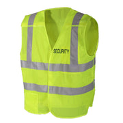 Chaleco reflectante amarillo con estampado SECURITY y cuatro bandas reflectantes, visibilidad nocturna hasta 200 m.