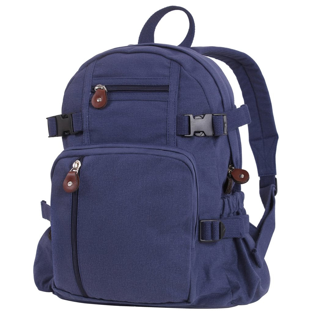 Mochila Vintage Compacta Azul, lona de algodón con aspecto lavado y varios bolsillos