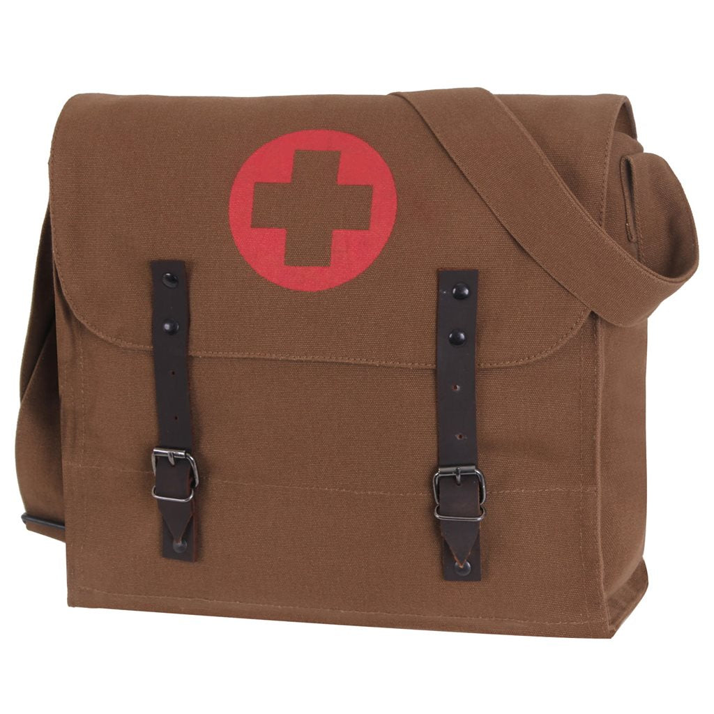 Bolso bandolera médico khaki de lona con tiras de cuero y hebilla, estilo vintage