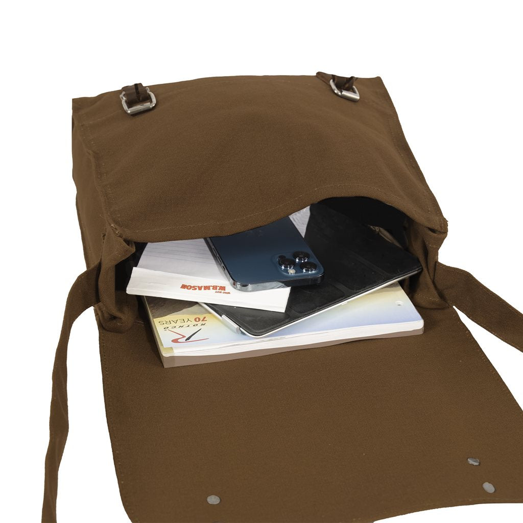 Bolso bandolera médico khaki de lona con tiras de cuero y hebilla, estilo vintage