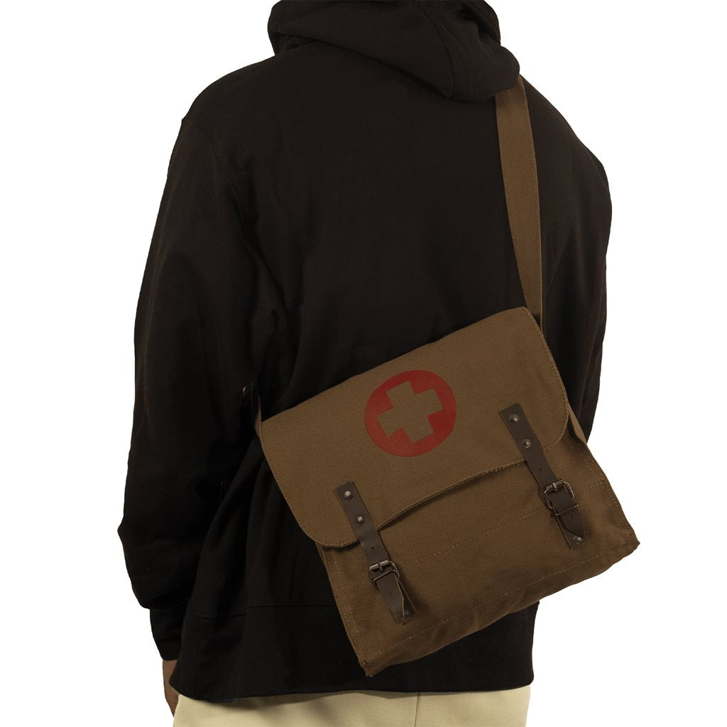 Bolso bandolera médico khaki de lona con tiras de cuero y hebilla, estilo vintage