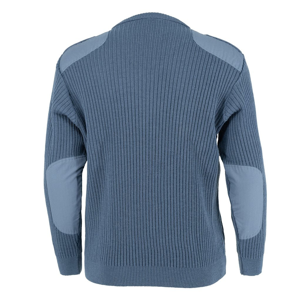 Suéter militar francés azul, cuello en V, 100% lana, hombros y codos reforzados, bolsillo en manga