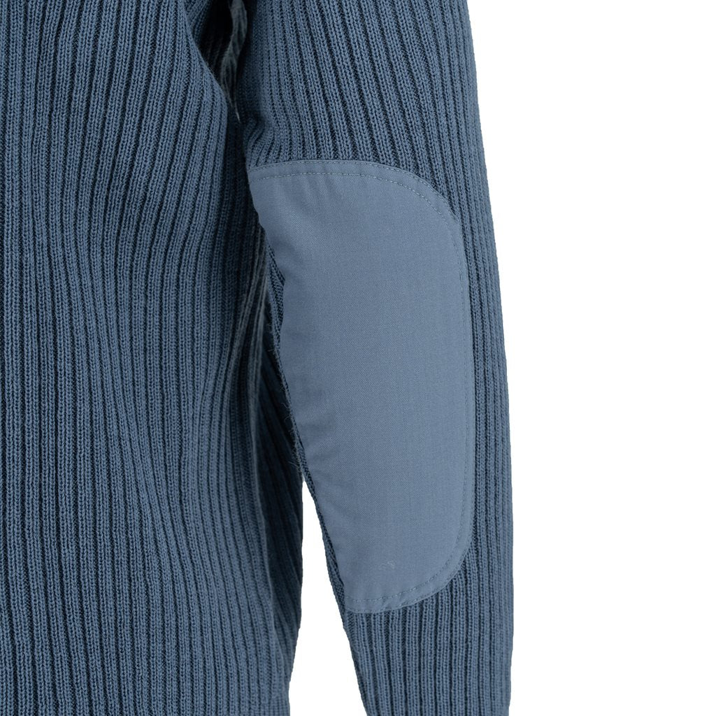 Suéter militar francés azul, cuello en V, 100% lana, hombros y codos reforzados, bolsillo en manga