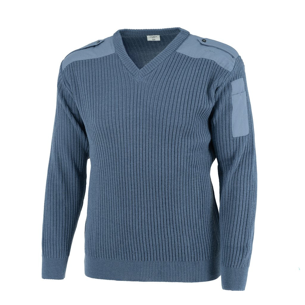 Suéter militar francés azul, cuello en V, 100% lana, hombros y codos reforzados, bolsillo en manga