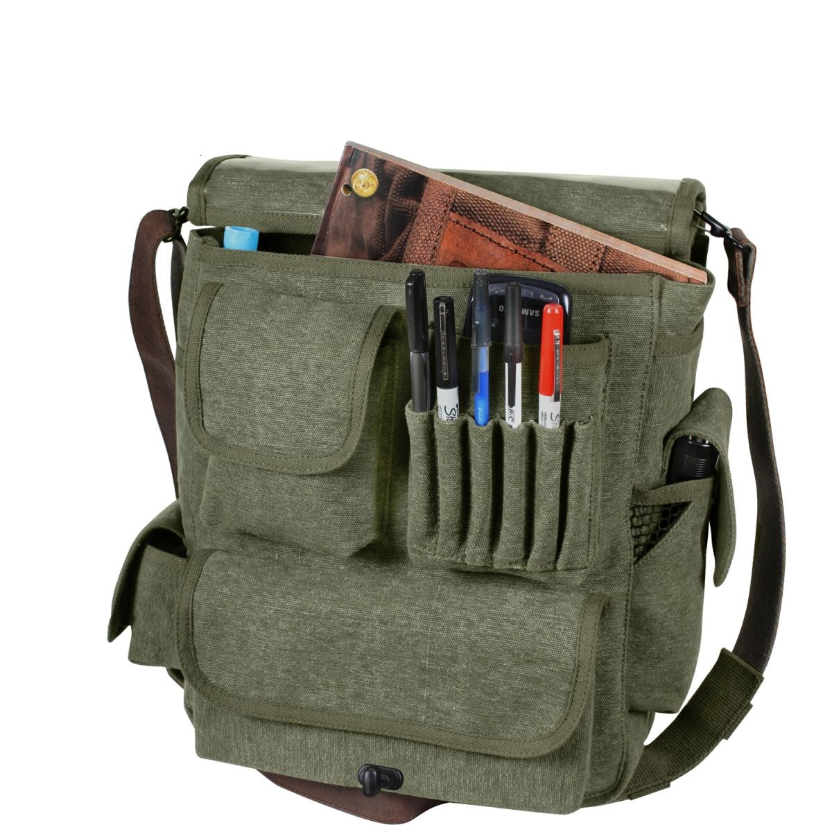 Bolso bandolera VINTAGE M-51 verde de lona de algodón, bolsillo exterior con doble cremallera y cierre a presión, 30x35 cm