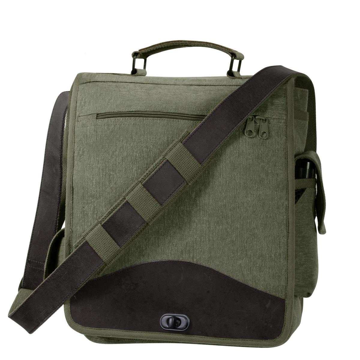 Bolso bandolera VINTAGE M-51 verde de lona de algodón, bolsillo exterior con doble cremallera y cierre a presión, 30x35 cm