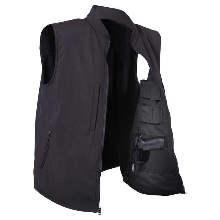 Chaleco softshell CONCEALED CARRY negro resistente al agua y al viento con bolsillos interiores y exteriores