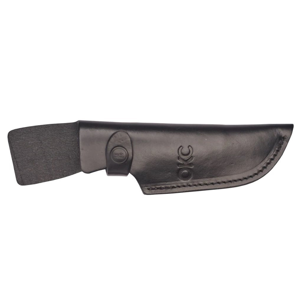 Cuchillo fijo TAK 2 con hoja negra de acero 1075 y funda de cuero