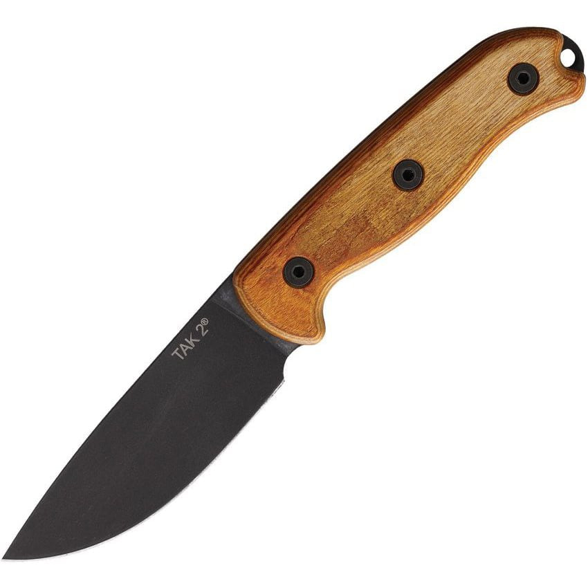 Cuchillo fijo TAK 2 con hoja negra de acero 1075 y funda de cuero