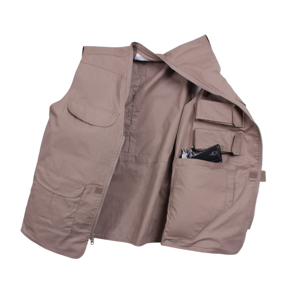 Chaleco Vesta CONCEALED CARRY ligero khaki con bolsillos interiores para porte oculto