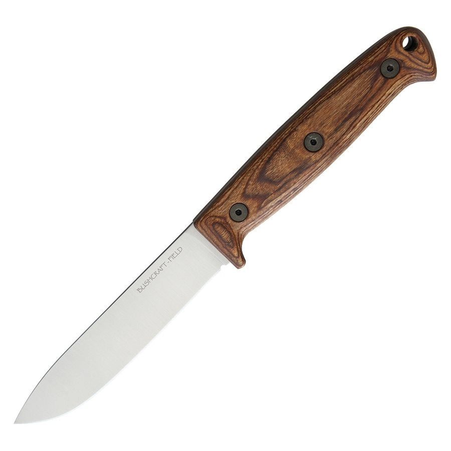 Cuchillo Bushcraft Field con funda de nylon y mango de madera, hoja de acero carbono 420