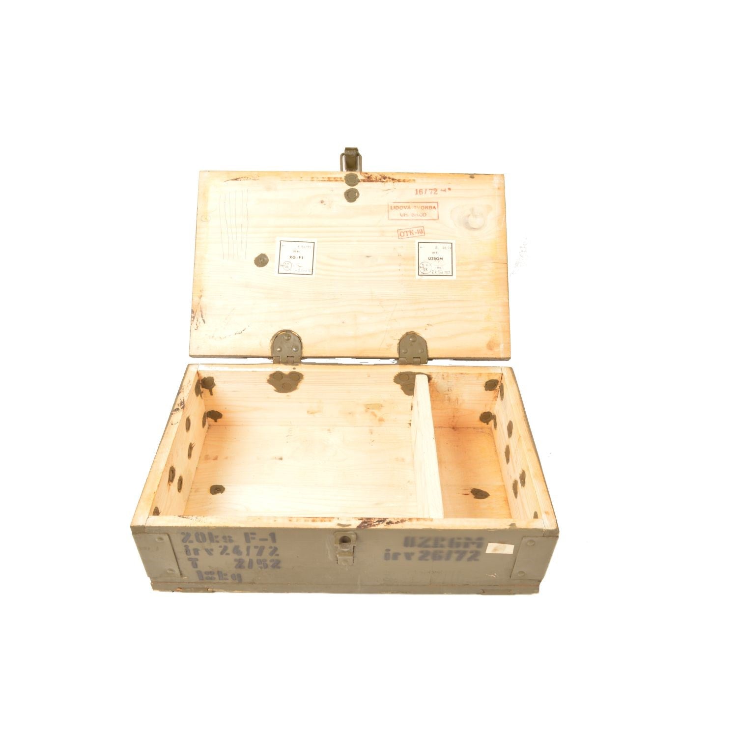 Caja de madera usada con tapa para granadas F-1, identificador 87027929