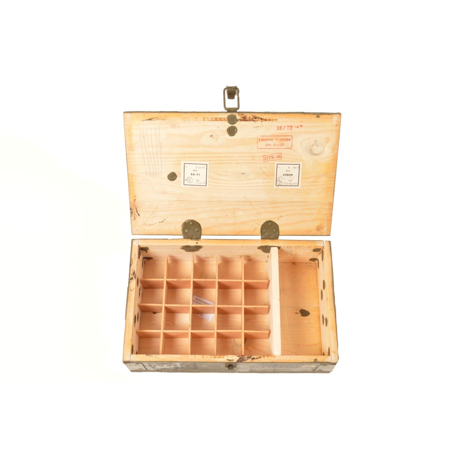 Caja de madera usada con tapa para granadas F-1, identificador 87027929
