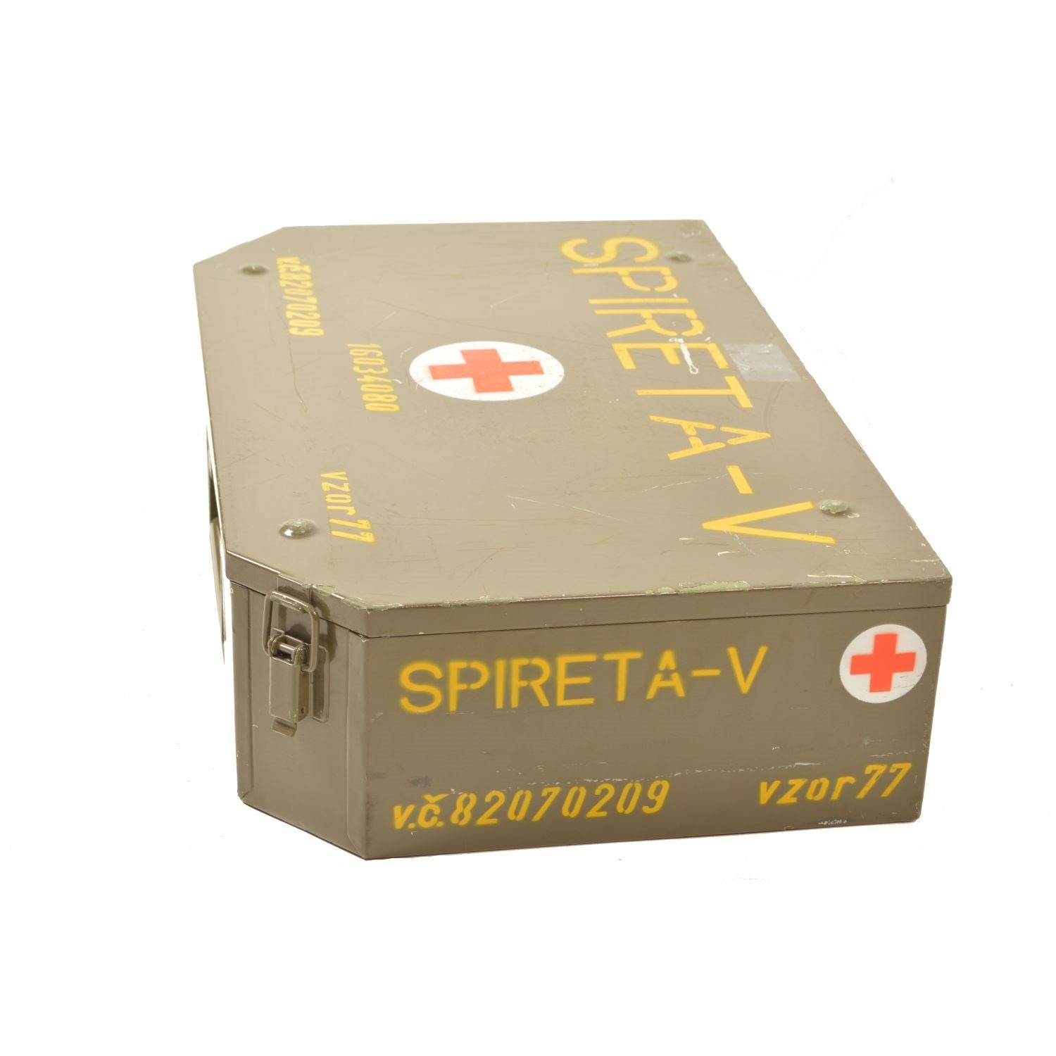 Caja metálica militar usada SPIRETA para material sanitario, 16 x 60 x 40 cm
