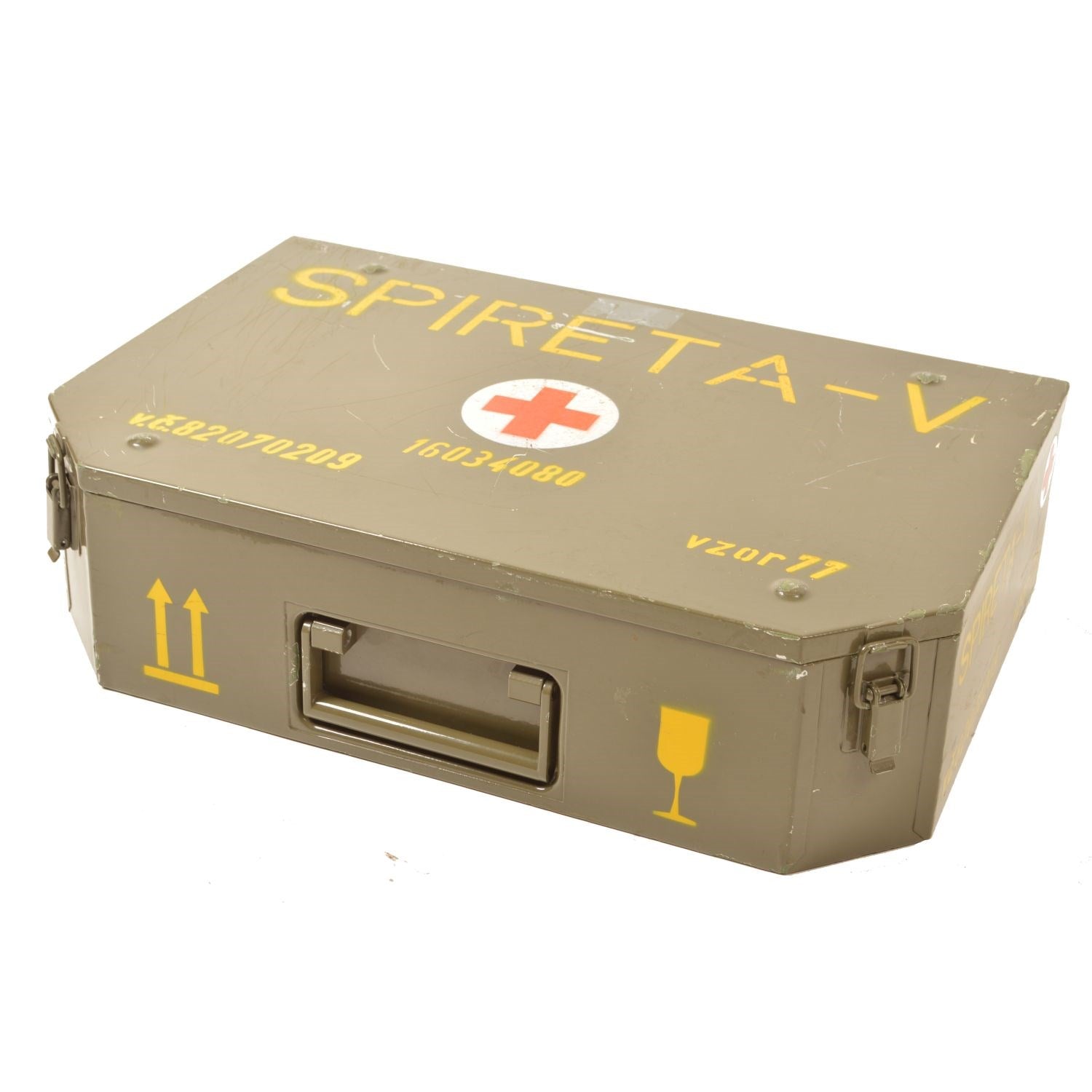 Caja metálica militar usada SPIRETA para material sanitario, 16 x 60 x 40 cm