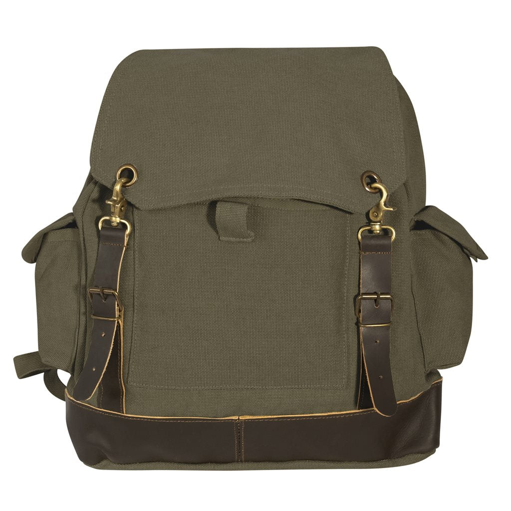 Mochila Expedition Vintage verde de lona con detalles en cuero y latón