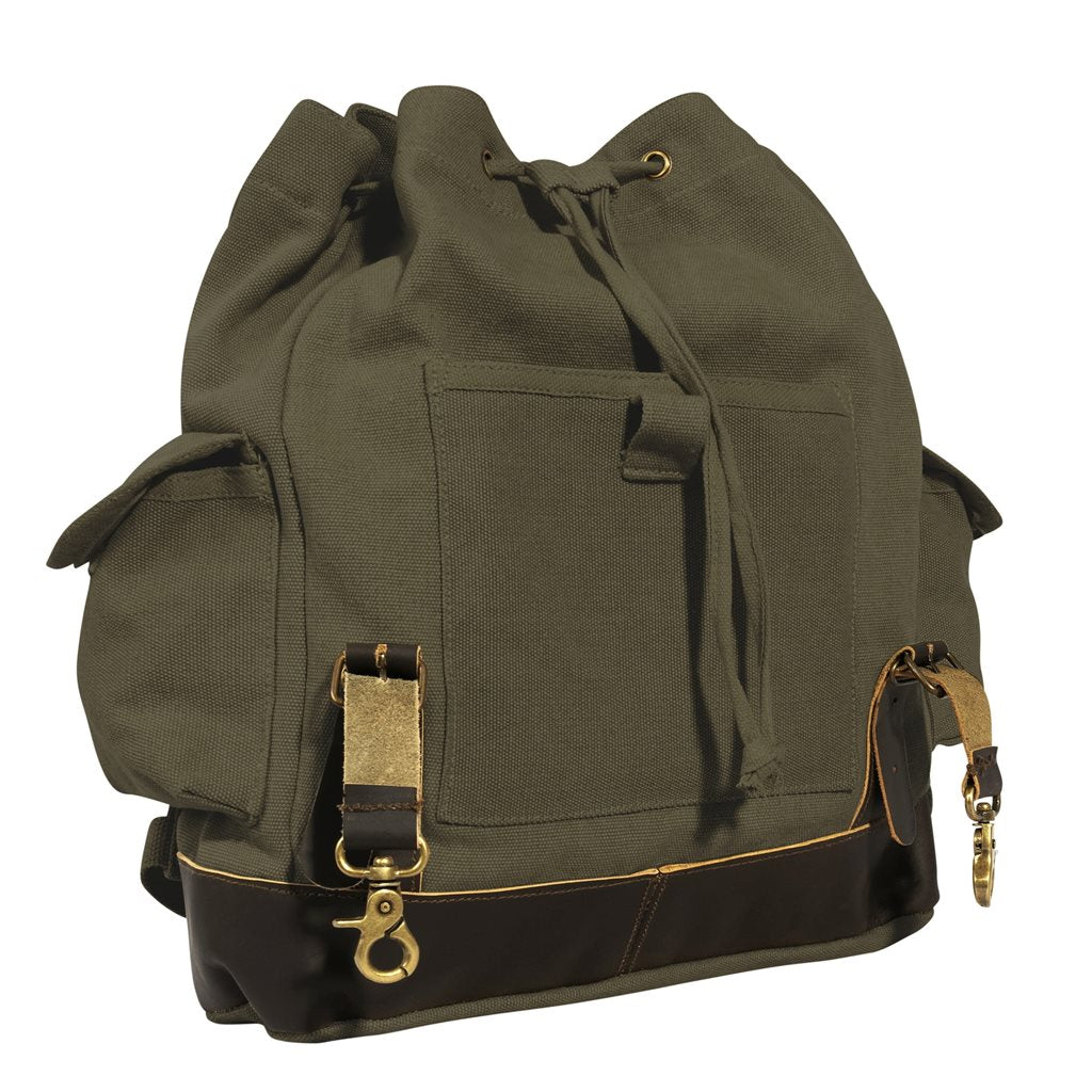 Mochila Expedition Vintage verde de lona con detalles en cuero y latón