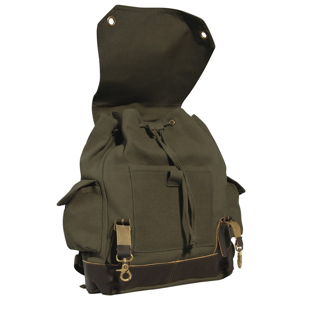 Mochila Expedition Vintage verde de lona con detalles en cuero y latón