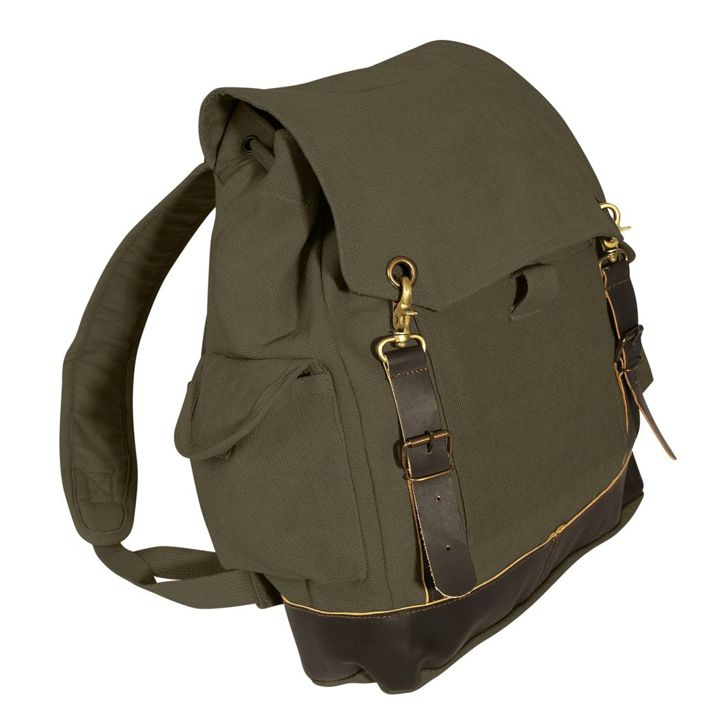 Mochila Expedition Vintage verde de lona con detalles en cuero y latón