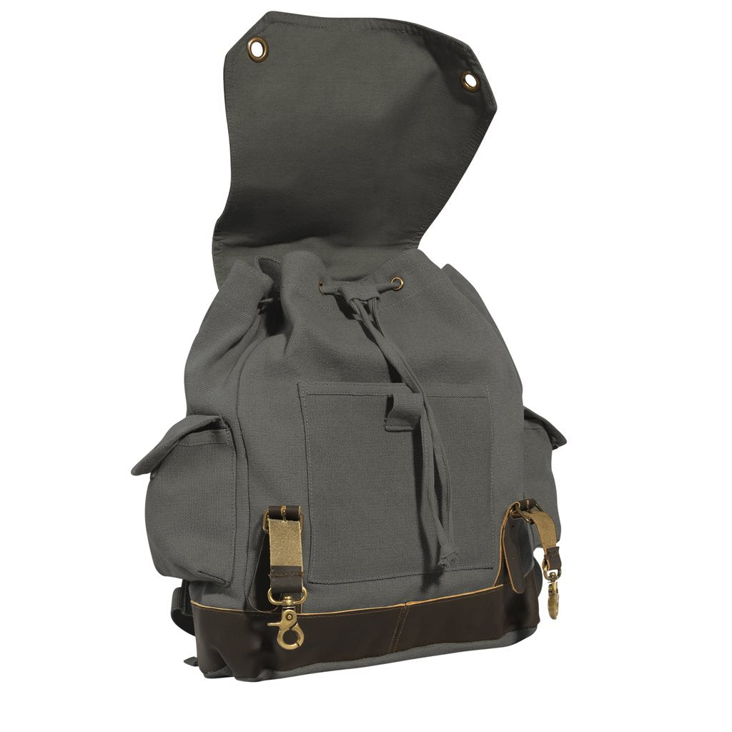 Mochila Expedition Vintage verde de lona con detalles en cuero y latón