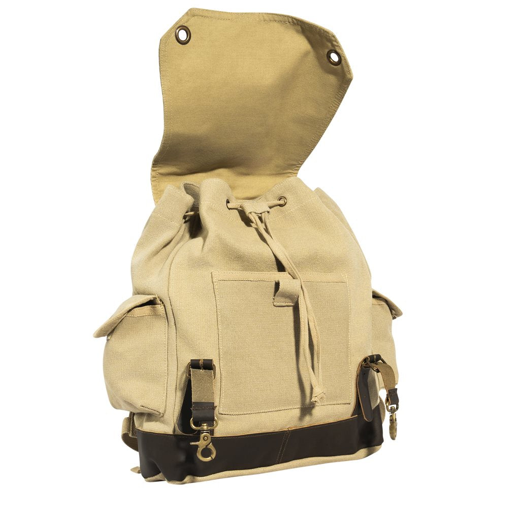 Mochila Expedition Vintage verde de lona con detalles en cuero y latón