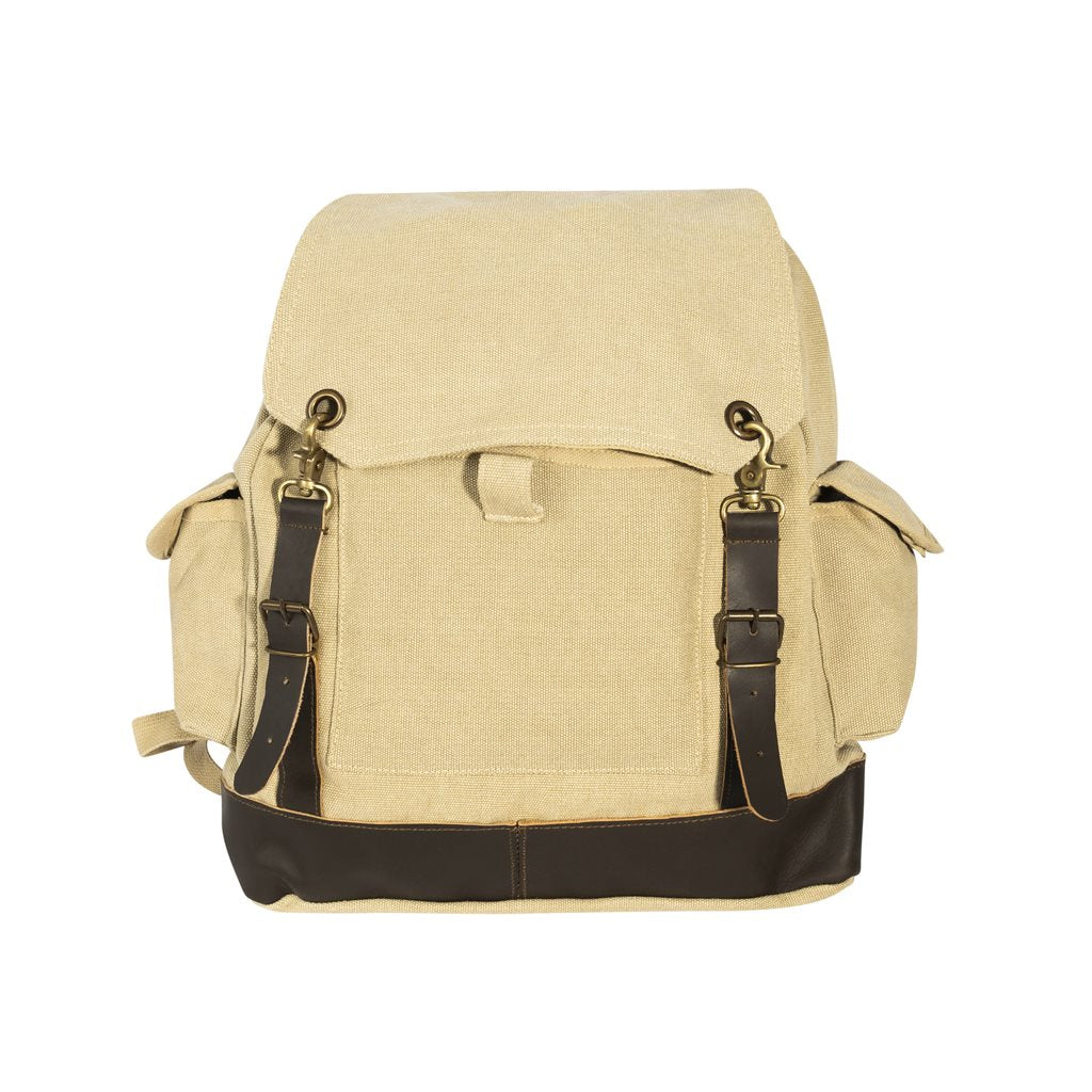 Mochila Expedition Vintage verde de lona con detalles en cuero y latón