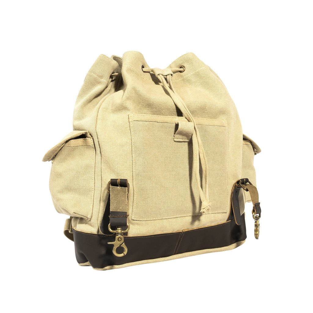 Mochila Expedition Vintage verde de lona con detalles en cuero y latón