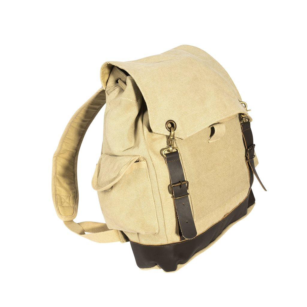 Mochila Expedition Vintage verde de lona con detalles en cuero y latón