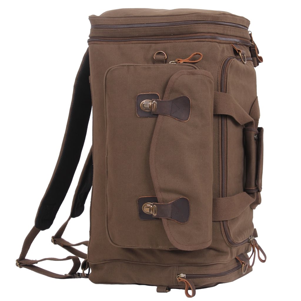 Bolsa mochila EXTENDED STAY de lona de algodon con detalles de cuero y herrajes de laton