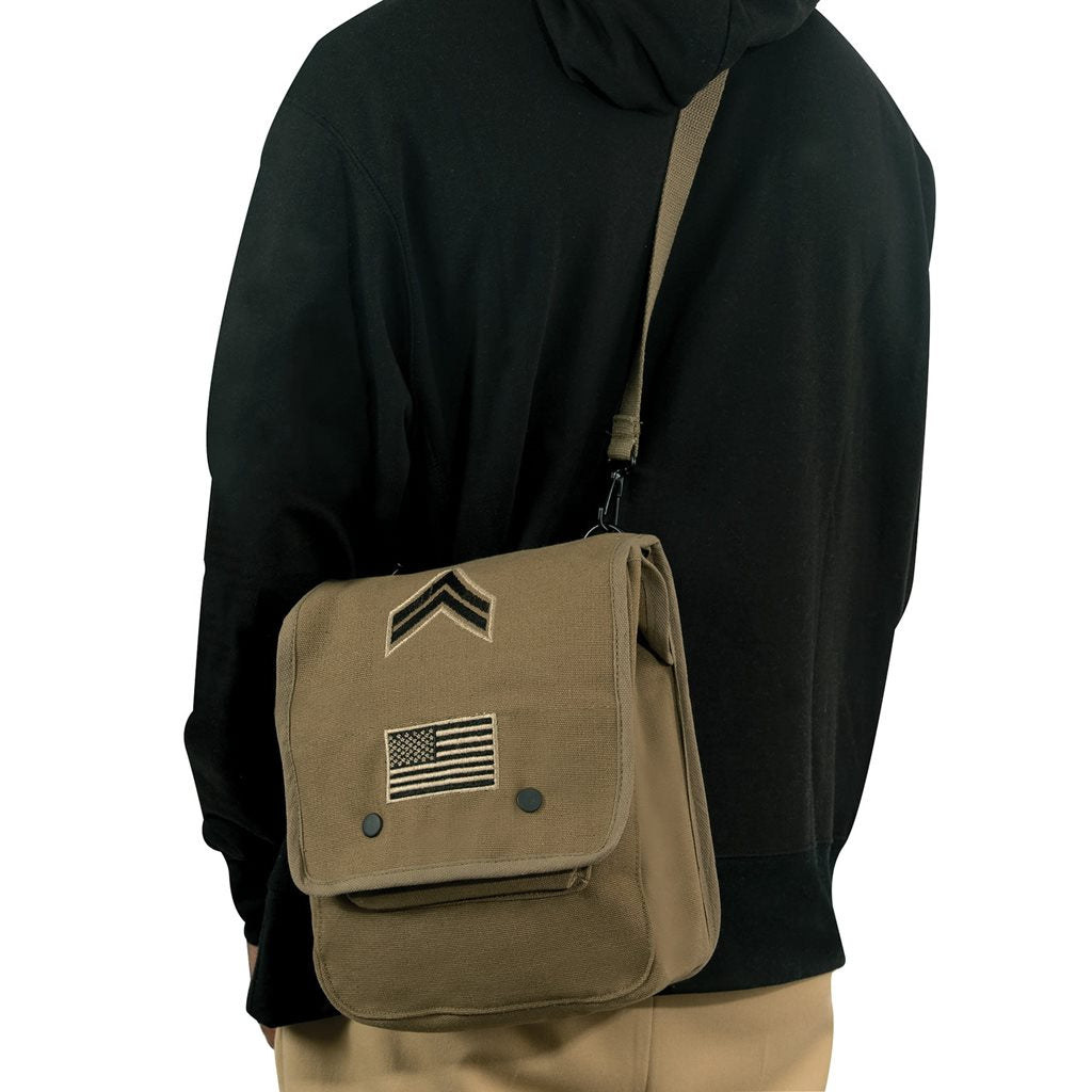 Bolso bandolera estilo army vintage en lona de algodón con parches, apto para iPad y tablets
