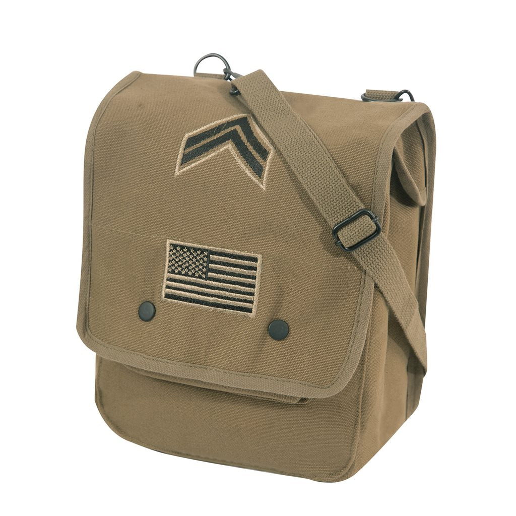 Bolso bandolera estilo army vintage en lona de algodón con parches, apto para iPad y tablets