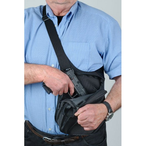 Funda vertical negra para pistola con múltiples bolsillos, tamaño aprox. 250 x 190 mm