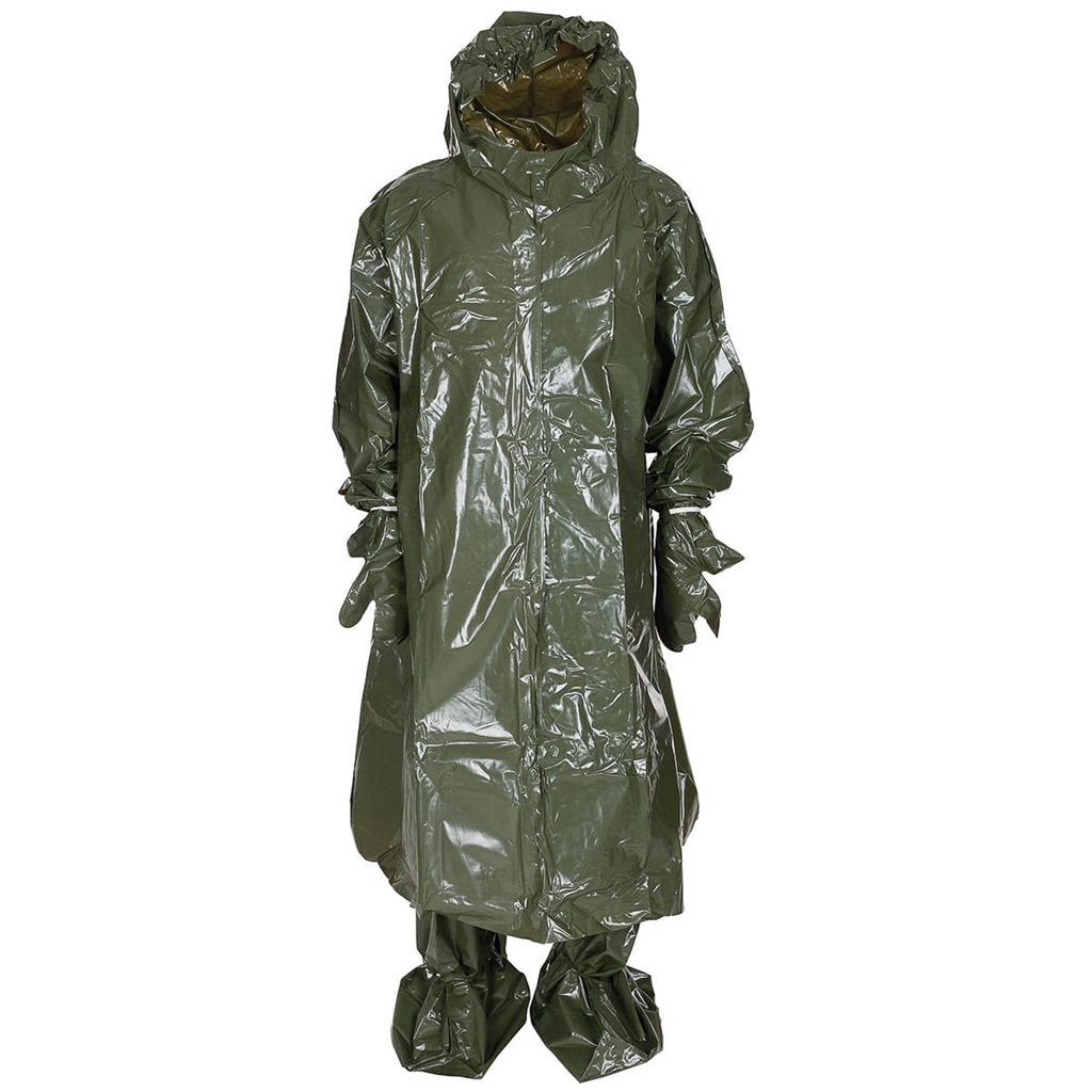 Imagen del traje protector químico JP-75 A sin usar con embalaje plástico que puede estar sucio o dañado