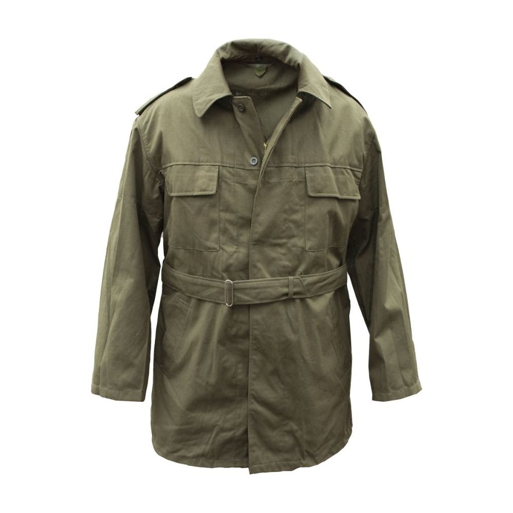Abrigo VZ85 usado sin cinturón, prenda militar vista frontal (89086g)