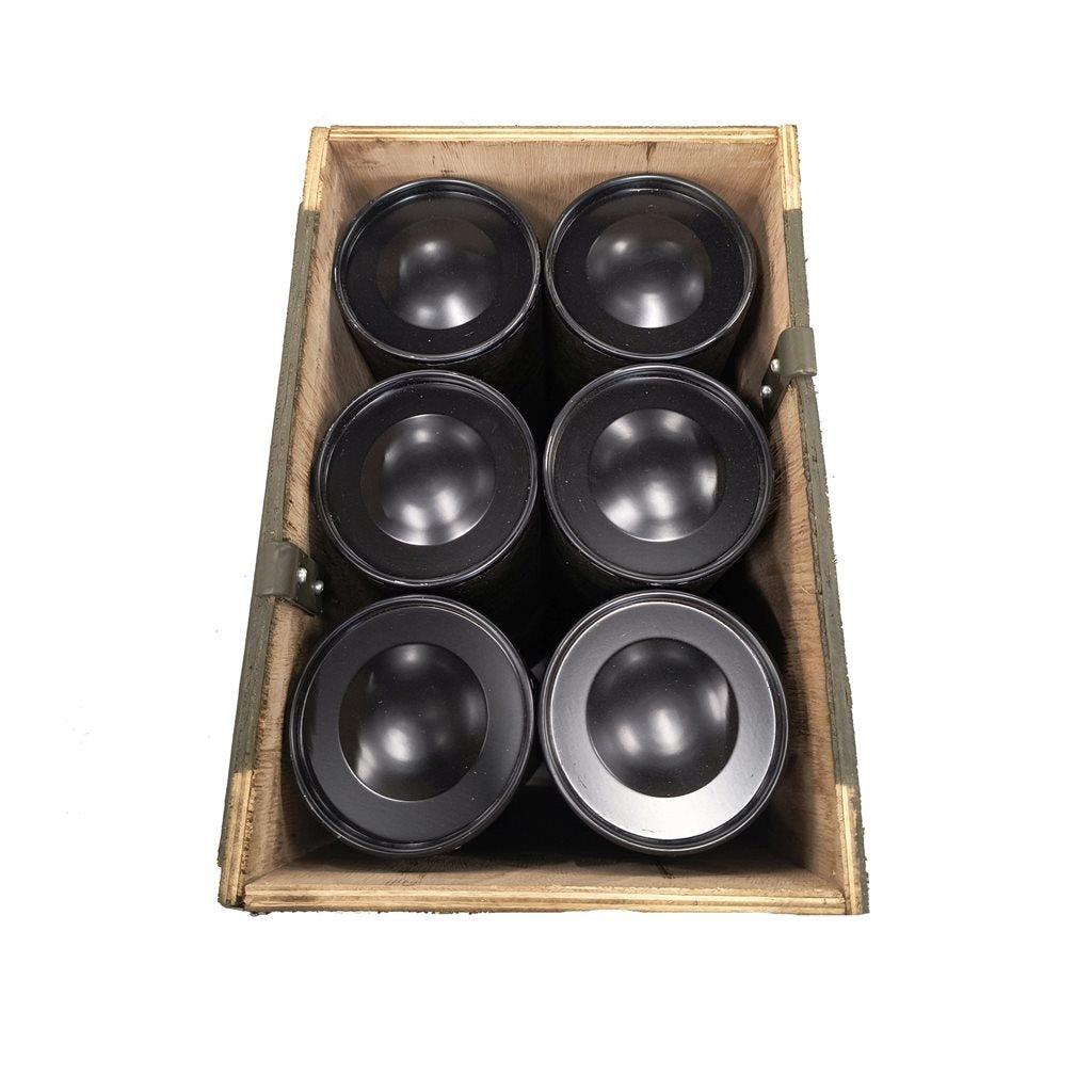 Caja de madera usada para proyectiles/minas de mortero 81 mm con 6 casetes