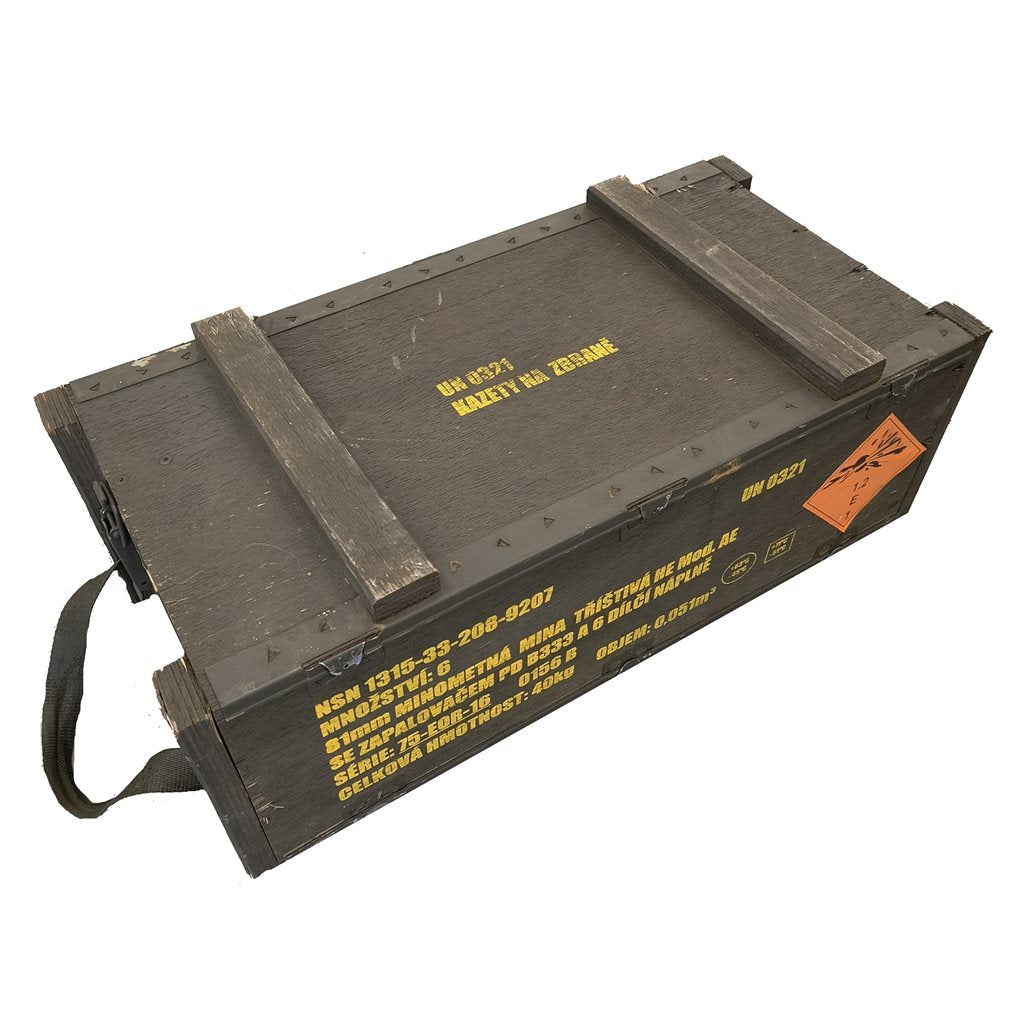 Caja de madera usada para proyectiles/minas de mortero 81 mm con 6 casetes