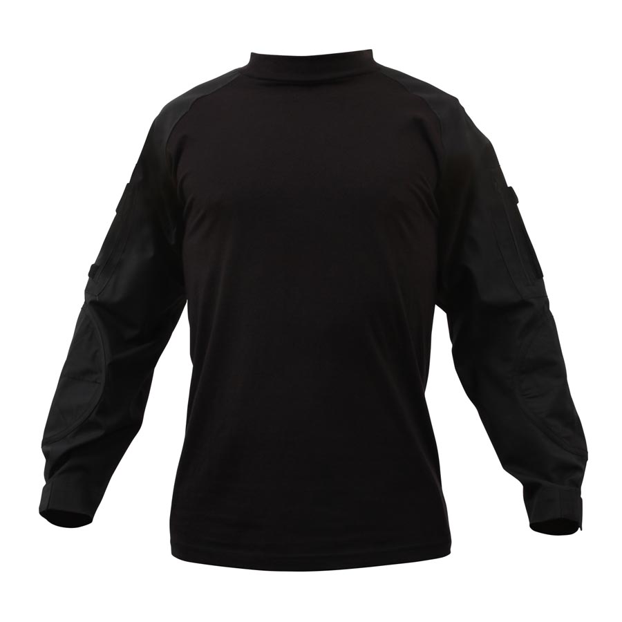 Camisa táctica COMBAT negra de manga larga con bolsillos en las mangas y velcro para identificación