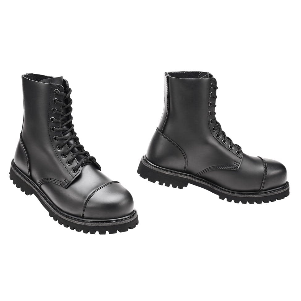 Botas PHANTOM negras, 10 ojales, cuero impermeable con puntera metálica