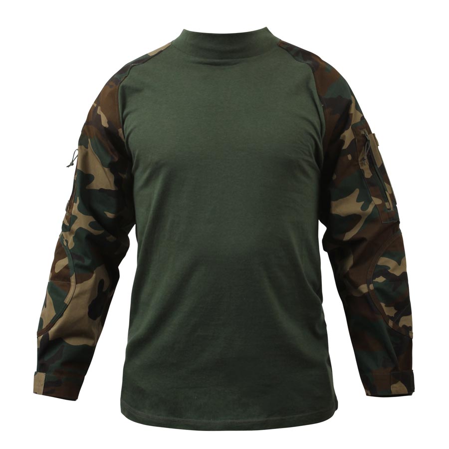 Camisa táctica COMBAT Woodland manga larga, tejido transpirable, bolsillos en las mangas y velcro para insignias