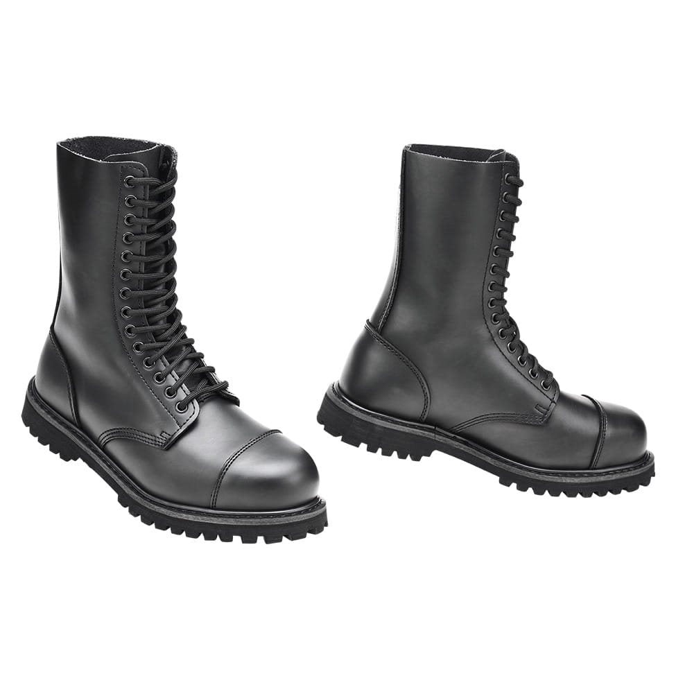 Botas PHANTOM negras de cuero impermeable, 14 ojales y puntera metálica