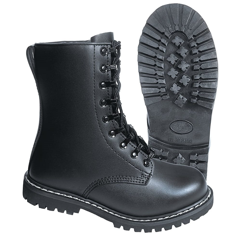 Botas de combate negras de piel bovina con puntera de acero y suela cosida doblemente